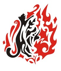 Tribal flaming cat leaf. The aggressive cat stylized in the form of a leaf in red-black tones