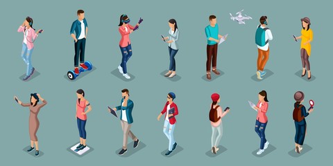 Trendy Isometric people and gadgets, teenagers, young people, students, using hi tech technology, mobile phones, pad, laptops, make selfie, smart watches, virtual games, navigators green background