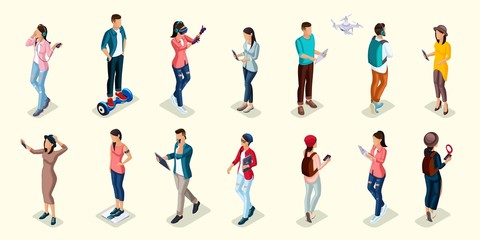 Trendy Isometric people and gadgets, teenagers, young people, students, using hi tech technology, mobile phones, pad, laptops, make selfie, smart watches, virtual games, navigators