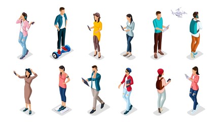 Fototapeta na wymiar Trendy Isometric people and gadgets, teenagers, young people, students, using hi tech technology, mobile phones, pad, laptops, make selfie, smart watches are isolated
