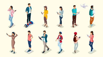 Fototapeta na wymiar Trendy Isometric people and gadgets, teenagers, young people, students, using hi tech technology, mobile phones, pad, laptops, make selfie, smart watches