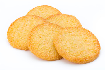Stacked short pastry cookies isolated on white background.