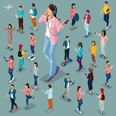 Trendy Isometric people and gadgets, 3D teenagers, students, large group of people, using hi tech technology, she listens to music, phone, headphones isolated protagonist
