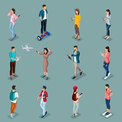 Fototapeta na wymiar Trendy Isometric people and gadgets, 3D teenagers, students use hi tech technology, pad, laptop, headphones, scales, sport, smart watches, virtual glasses
