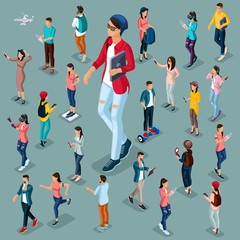 Trendy Isometric people and gadgets, 3D teenagers, students, large group of people, using hi tech technology, a girl with a laptop isolated protagonist