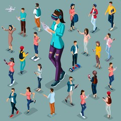 Trendy Isometric people and gadgets, 3D teenagers, students, large group of people, using hi tech technology, a girl playing, virtual glasses, headphones isolated