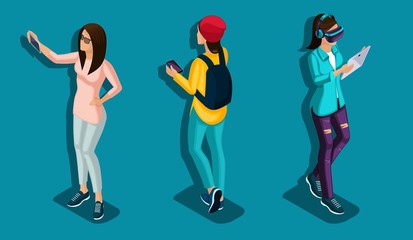Trendy Isometric people and gadgets, teenagers, young people, students, using hi tech technology, games, entertainment, virtual glasses, mobile phone, smart phone, navigator isolated