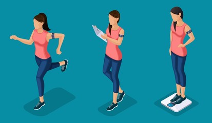 Trendy Isometric people and gadgets, teenagers, young people, students, using hi tech technology, pad, laptop, girl, weight, sports, smart watches isolated