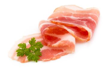 Bacon isolated on white background. Delikatese food.