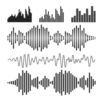 Vector sound waveforms icon. Sound waves and musical pulse vector illustration on white background.