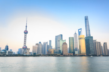 Fototapeta premium New Pudong skyline, looking across the Huangpu River from the Bund, Shanghai, China, Asia
