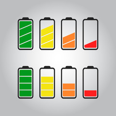 Battery icon vector set isolated on gray background. Symbols of battery charge level, full and low. The degree of battery power flat vector illustration.