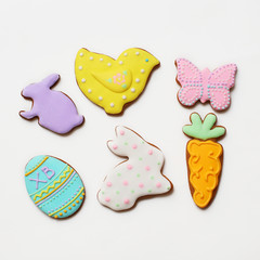 gingerbread cookies for Easter on white background.