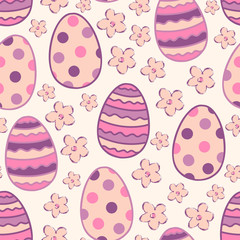 Lovely easter eggs and cherry blossoms in cute colors. Seamless vector pattern.