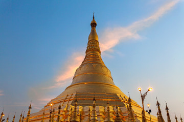 Yangon, Myanmar (Burma) Close up view of Shwedagon Pagoda at twilight