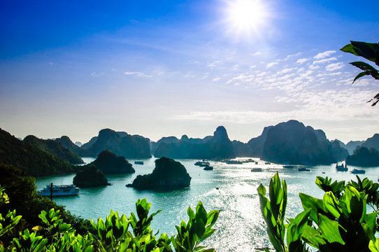 View on limestone Islands by Halong bay in Vietnam