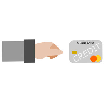 Customer is holding a credit card for paying order on white background.