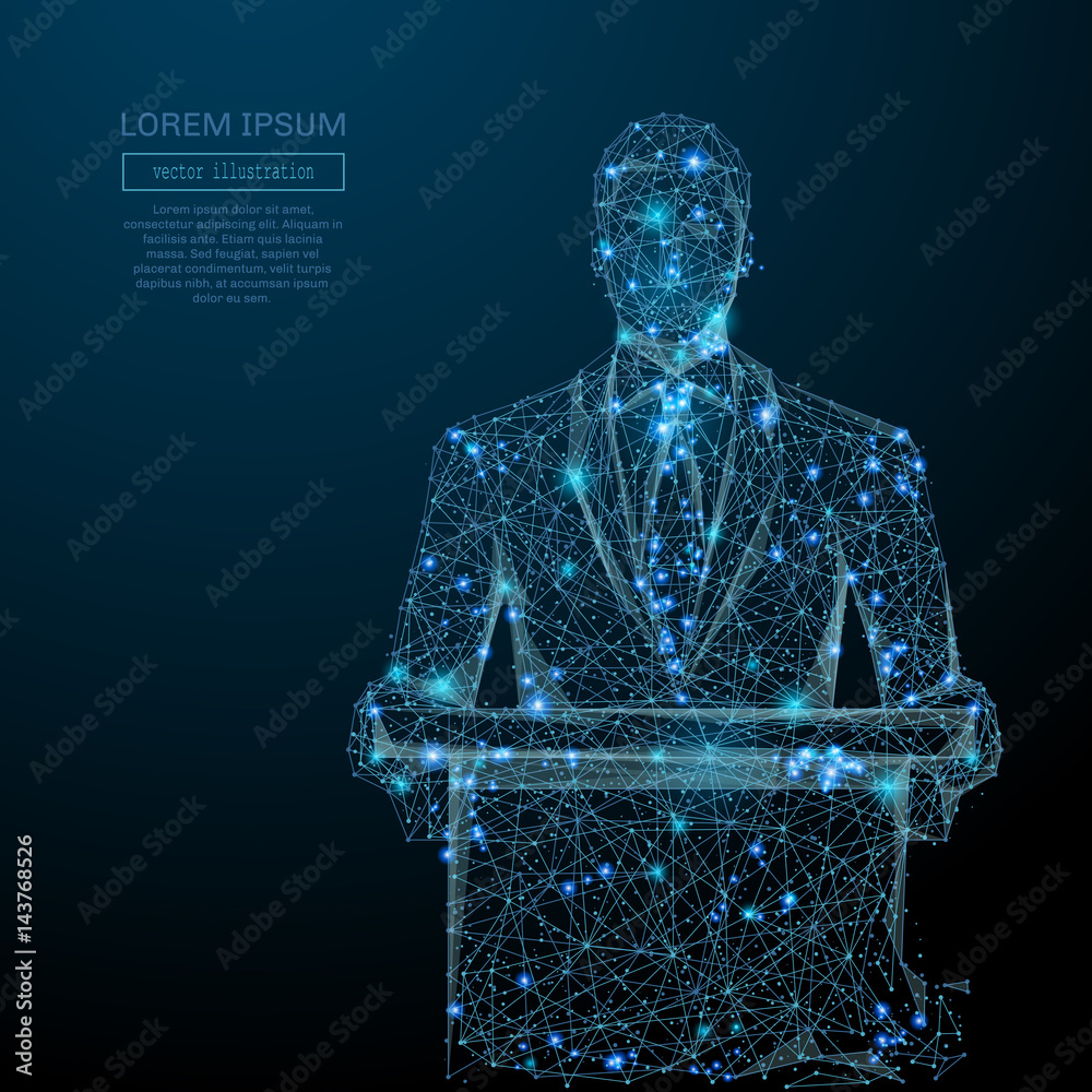Aufkleber Abstract image of a business man standing behind rostrum in the form of a starry sky or space, consisting of points, and shapes in the form of planets, stars and universe. Vector wireframe concept.