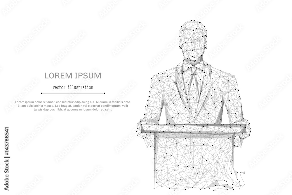 Poster abstract mash line and point business man standing behind rostrum on white background with an inscri