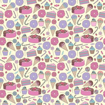 Sweets. Stylized cute vector seamless pattern
