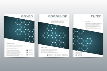 Brochure template layout flyer cover annual report magazine structure of molecular particles and atom polygonal abstract background vector illustration