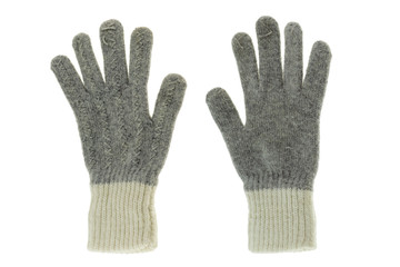 Grey knitted winter gloves isolated on white background