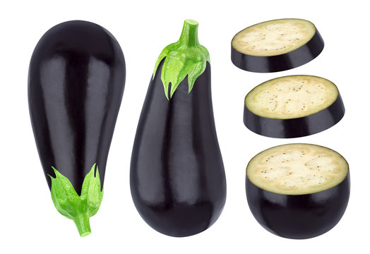 Isolated eggplant. Whole and sliced eggplant isolated on white background, with clipping path
