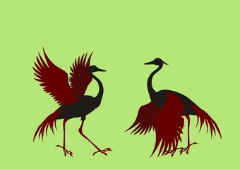 Silhouettes of 2 dancing Crane crane birds illustration