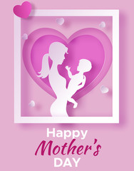 Mother's day origami paper art greeting card with mom holding baby silhouette. Carved vector illustration