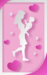 Paper art vector illustration with mother holding child. Mom's day banner with carved silhouettes