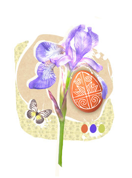 Easter greeting card template with paschal egg, butterfly and spring iris flower. Easter design for Resurrection Sunday religion holiday