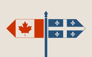 Fototapeta na wymiar Image relative to politic situation between Canada and Quebec. National flags on destination arrow road
