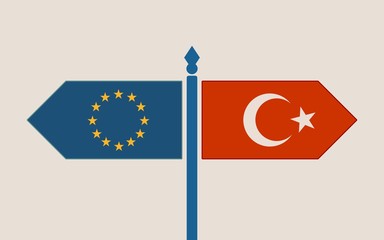 Image relative to politic situation between Turkey and European Union. National flags on destination arrow road