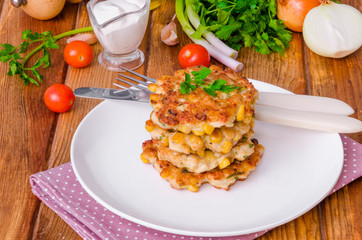 Chicken fritters with corn, onions and fresh herbs