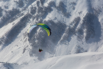 Parachute sky-diver flying in clouds above mountains with fresh snow on Sunny winter day in the ski resort. Travel adventure concept. space for text