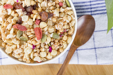 Healthy breakfast berry food topped with goji berries,raspberry, pumpkin.