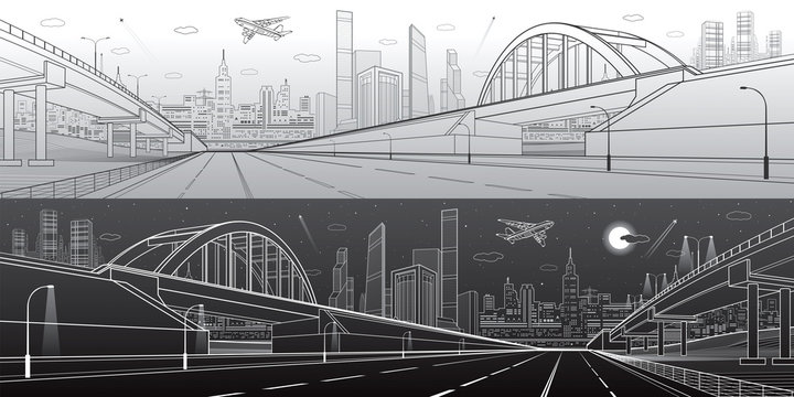 Railway bridge, empty highway, road overpass. Urban infrastructure, modern city on background, industrial architecture, towers and skyscrapers. Day and night scene, vector design art 