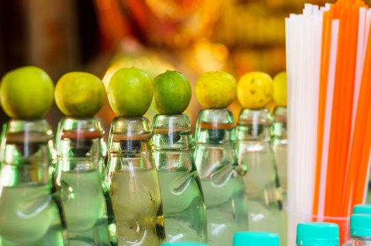 Bottles of traditional indian soft drink called banta. This is carbonated water served with lemon, spices and salt. Very refreshing, tasty and cheap