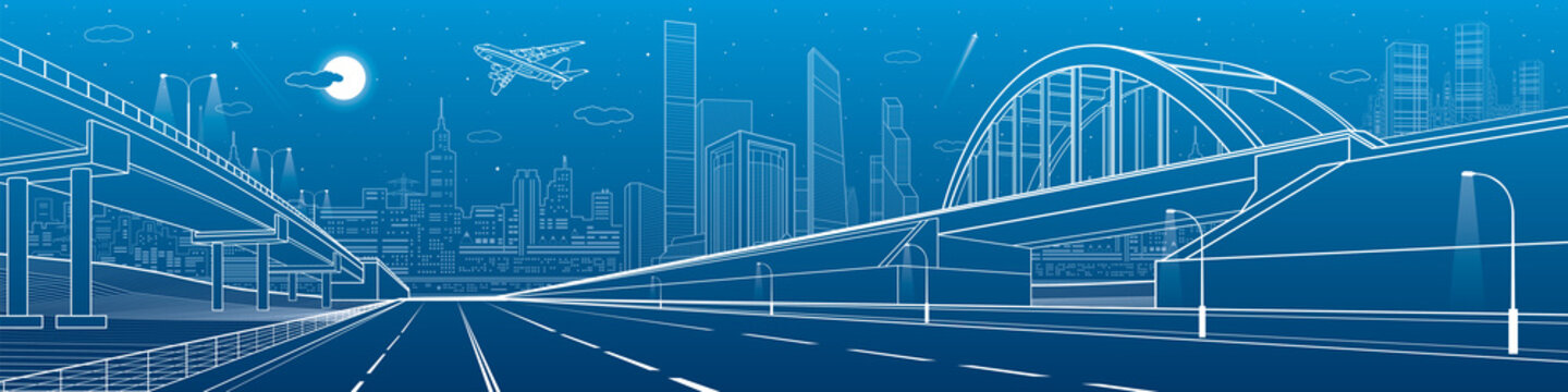Railway bridge, empty highway, road overpass. Urban infrastructure, modern city on background, industrial architecture, towers and skyscrapers. White lines image, night scene, vector design art 