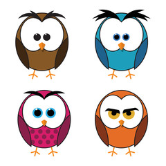  Set of four owls isolated on white background. Flat icons