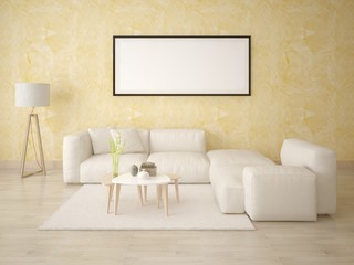 Mock up a fashionable living room with an exclusive comfortable sofa on a yellow background.