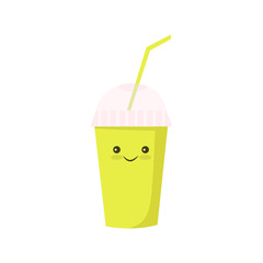 Kawaii Drawing of smoothies, milkshakes in flat cartoon style. Illustration for design fast food menu. Isolated icons.