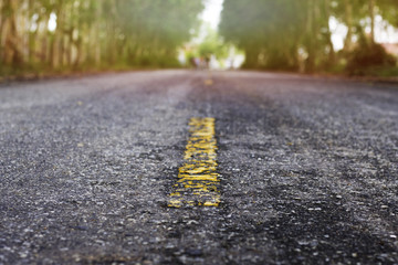 view from the sidewalk level to the stream of cars and sun.