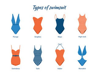 Vector Illustration of one piece swimsuits. Various types of women beach clothes. Modern and retro models.