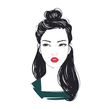 Portrait of young beautiful woman with trendy beam hairstyle. Vector hand drawn illustration.
