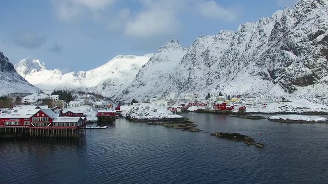 Aerial view of the Norwegian fishing village A in Lofoten, winter time