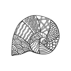 Isolated hand drawn black outline monochrome sea shell on white background. Ornament of curve lines.