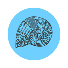 Isolated hand drawn black outline sea shell on blue round background. Ornament of curve lines.