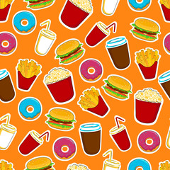 Fast food cartoon stickers and pathces. Seamless food background. Vector illustration.