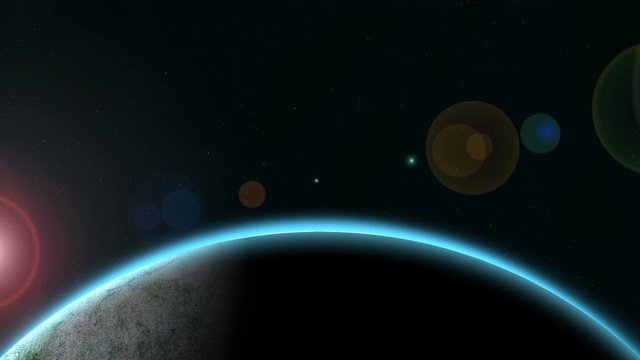 Fake sunrise around planet in space